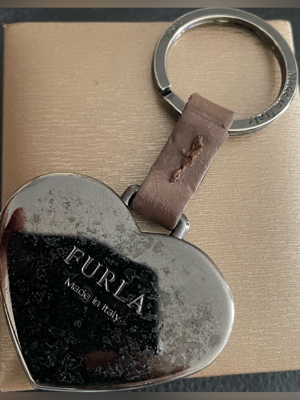 Furla Taupe Leather & Silver Heart Keychain Or Bag Charm